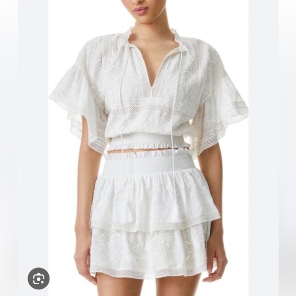 Alice + Olivia Jojo Embroidered Tiered Ruffle Mini Skirt Smocked Waist NWT US 8 - Picture 5 of 8